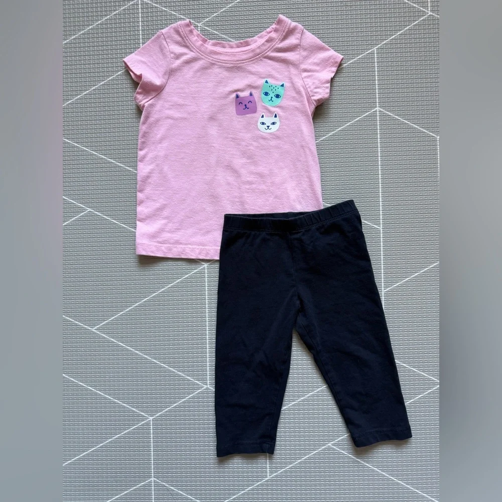 H&M|Baby girl/toddler set,Pink Cat Graphic Tee with Black soft Leggings Set•••2T